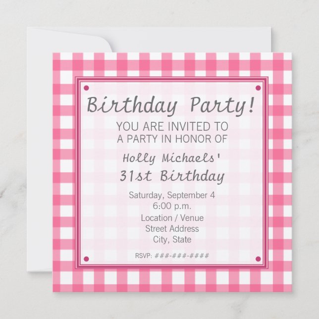 Invitación a la fiesta de cumpleaños Pink Gingham (Anverso)