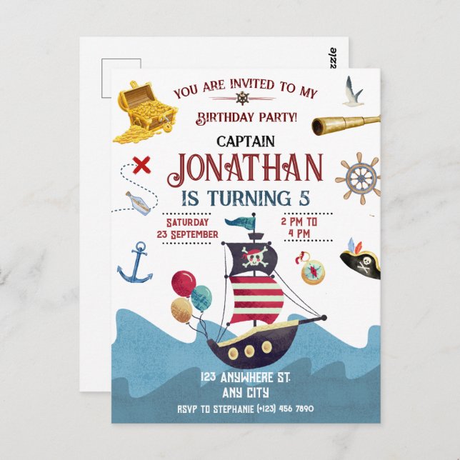 Invitación a la Fiesta de Cumpleaños Pirata Ahoy M (Anverso / Reverso)