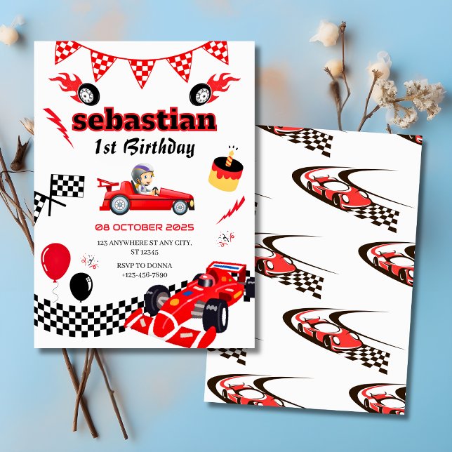 Invitación a la fiesta de cumpleaños por tema de a (Race Car Themed 1st Birthday Party Invitation
)