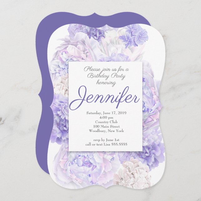 Invitación a la fiesta de cumpleaños Purple Floral (Anverso / Reverso)