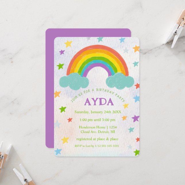 Invitación a la fiesta de cumpleaños Rainbow (Anverso/Reverso In Situ)