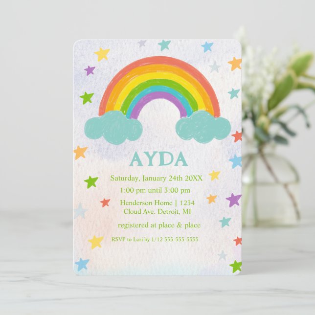 Invitación a la fiesta de cumpleaños Rainbow (Anverso de pie)