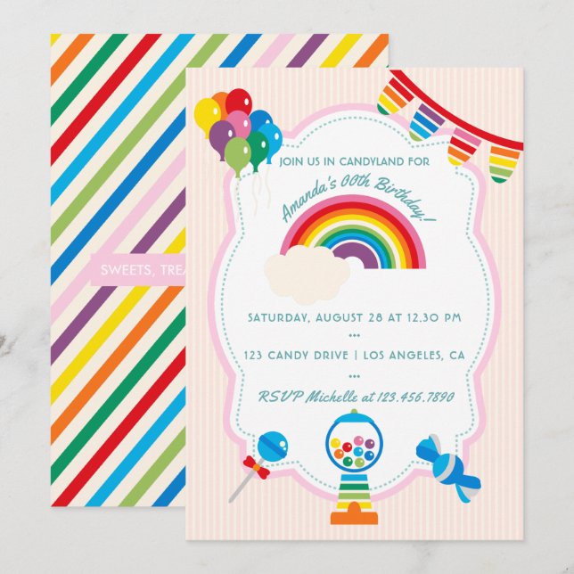 Invitación a la fiesta de cumpleaños Rainbow Candy (Anverso / Reverso)