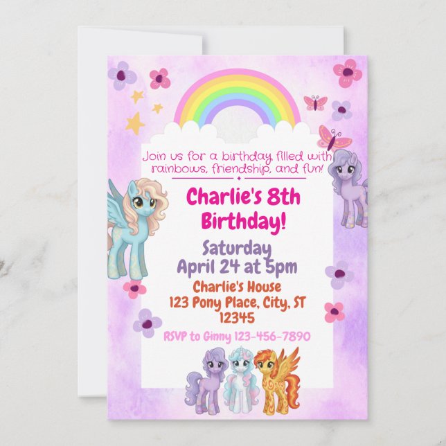 Invitación a la fiesta de cumpleaños Rainbow Pony (Anverso)