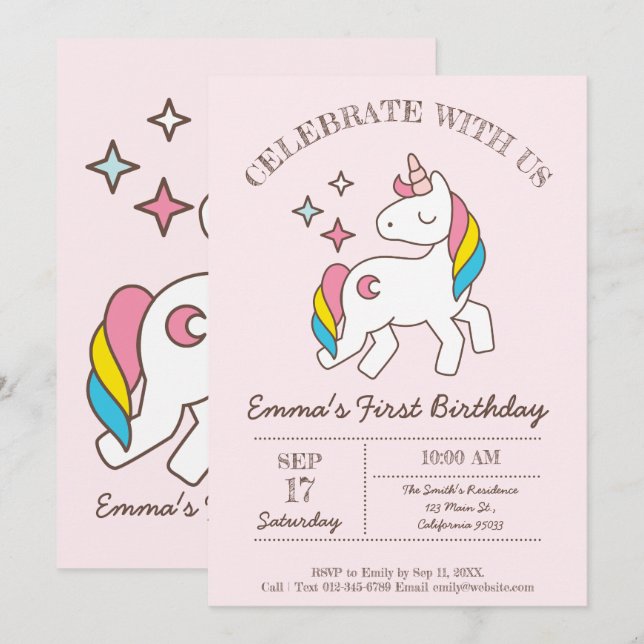Invitación a la fiesta de cumpleaños Rainbow Unico (Anverso / Reverso)