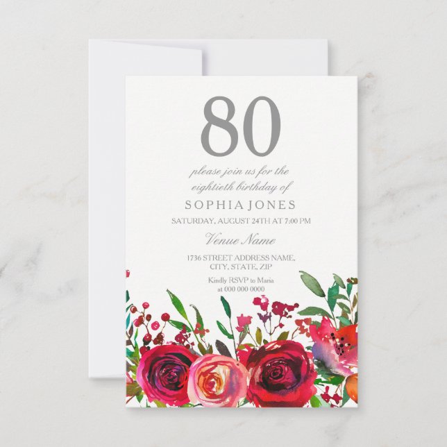 Invitación a la fiesta de cumpleaños Red Rose 80 (Anverso)