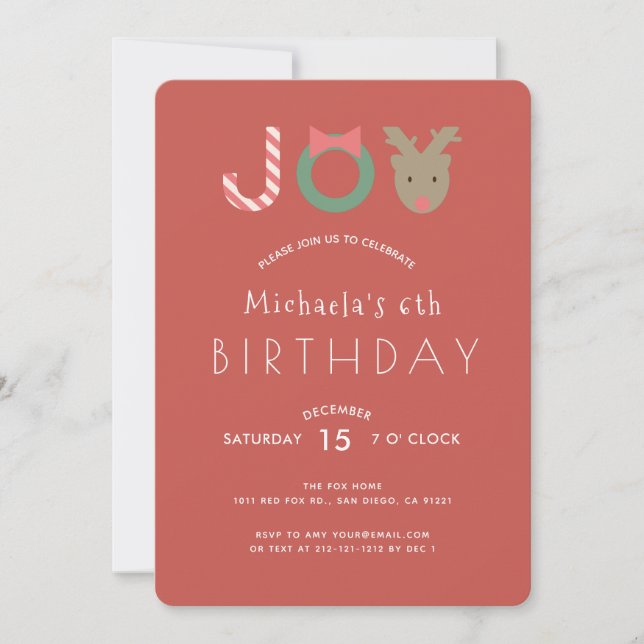 Invitación a la fiesta de cumpleaños rojo JOY Cute (Anverso)