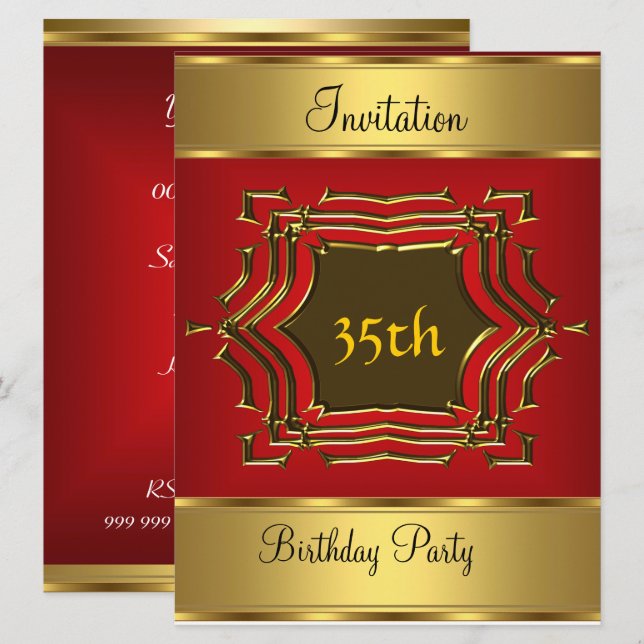 Invitación a la fiesta de cumpleaños rojo oro (Anverso / Reverso)