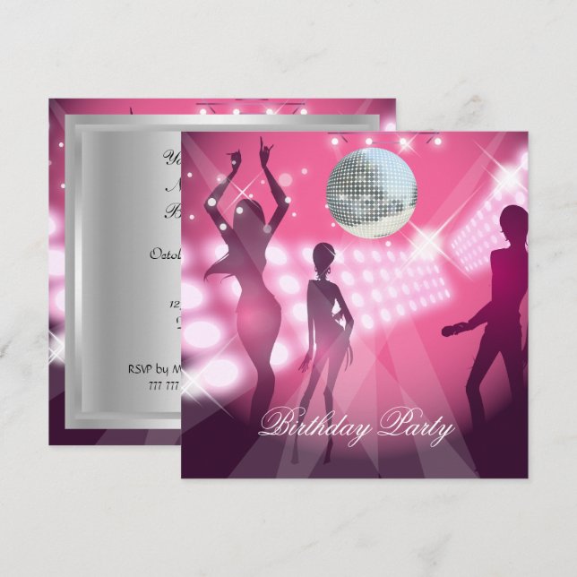 Invitación a la fiesta de cumpleaños rosa de Disco (Anverso / Reverso)