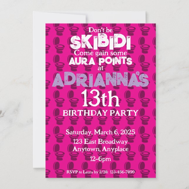 Invitación a la fiesta de cumpleaños rosa Skibidi  (Anverso)