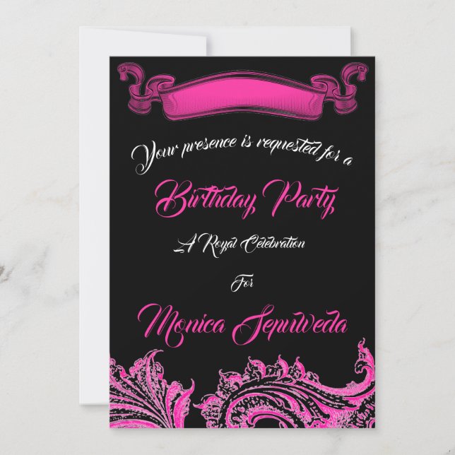 Invitación a la fiesta de cumpleaños rosa y negro  (Anverso)