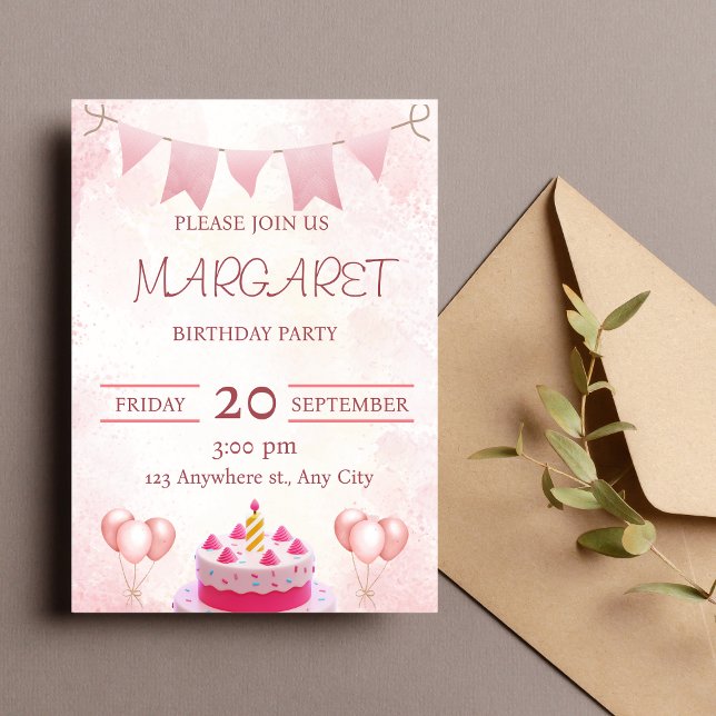 Invitación a la fiesta de cumpleaños rosada (Subido por el creador)