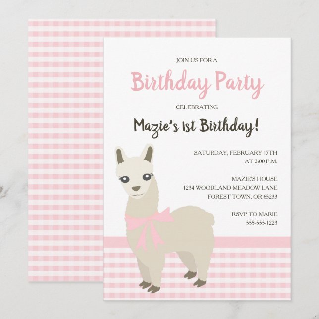 Invitación a la fiesta de cumpleaños rosada de Alp (Anverso / Reverso)