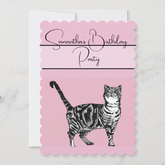 Invitación a la fiesta de cumpleaños rosada de gat (Anverso)