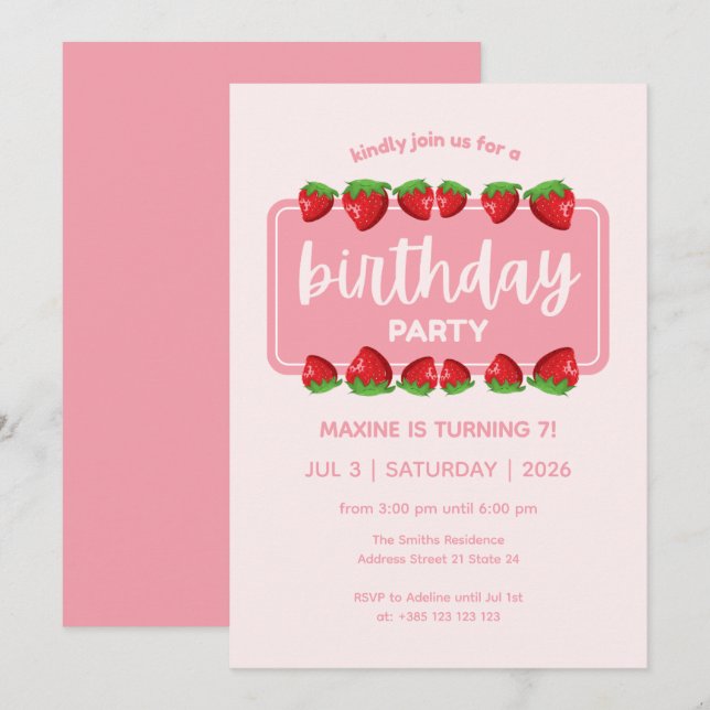 Invitación a la fiesta de cumpleaños rosada de las (Anverso / Reverso)