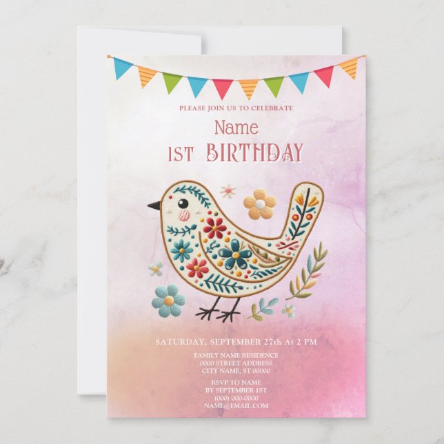 Invitación a la fiesta de cumpleaños rosada floral (Anverso)