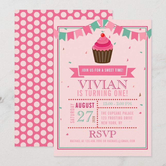 Invitación a la fiesta de cumpleaños rosada para e (Anverso / Reverso)