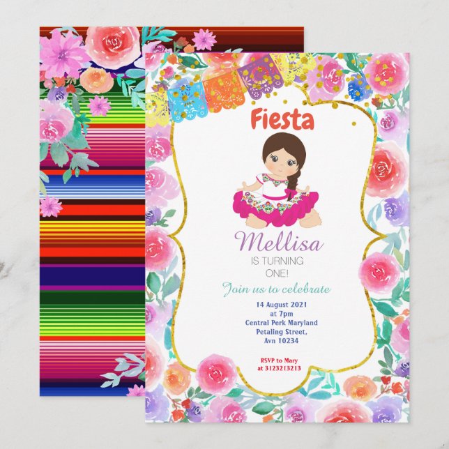 Invitación a la fiesta de cumpleaños rosado de Méx (Anverso / Reverso)