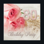 Invitación a la fiesta de cumpleaños, rosas y perl<br><div class="desc">Una hermosa y delicada imagen de un rosa en suaves tonos rosas. En el fondo hay una cadena de perlas. El conjunto se suaviza con una pluma delicada. Una encantadora invitación para la fiesta de cumpleaños número 80.  Cambiar la espalda a los detalles de su propio fiesta</div>