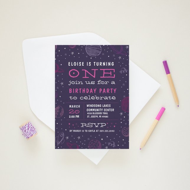 Invitación a la fiesta de cumpleaños sobre el tema (space themed birthday invitation for girls)