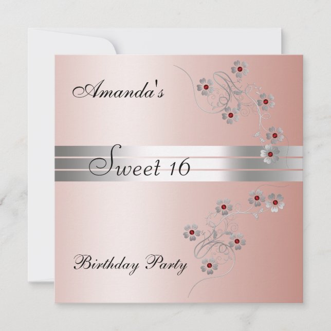 Invitación a la fiesta de cumpleaños Sweet 16 rosa (Anverso)