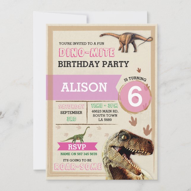 Invitación a la fiesta de cumpleaños T-Rex Dino Pi (Anverso)