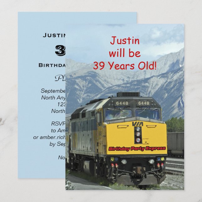 Invitación a la fiesta de cumpleaños, tren amarill (Anverso / Reverso)