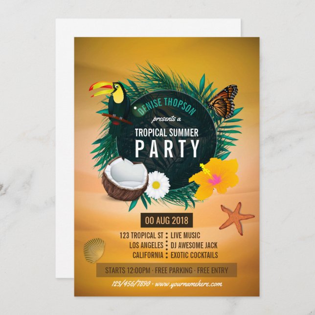 Invitación a la fiesta de cumpleaños tropical (Anverso / Reverso)