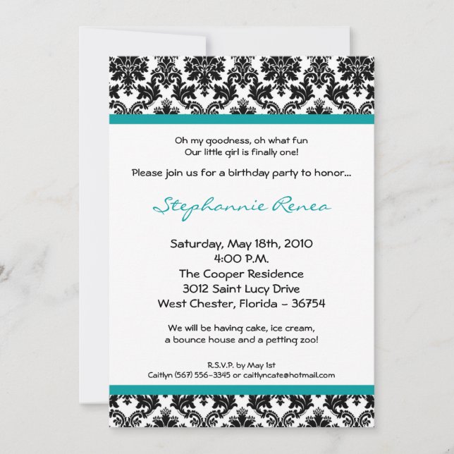 Invitación a la fiesta de cumpleaños turquesa Verd (Anverso)