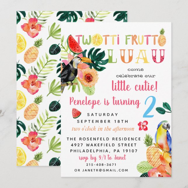 Invitación a la fiesta de cumpleaños Twotti Frutti (Anverso / Reverso)