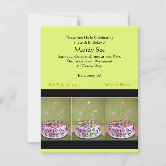 Invitación a la fiesta de cumpleaños verde (Anverso)