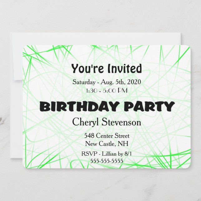 Invitación a la fiesta de cumpleaños verde (Anverso)