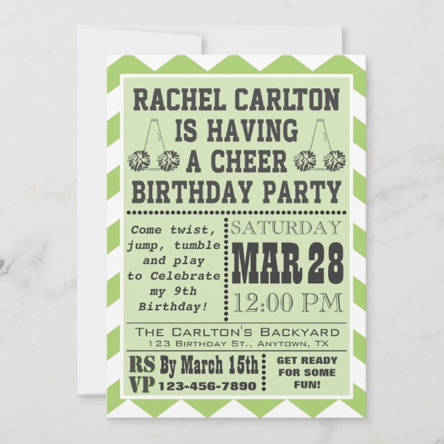 Invitación a la fiesta de cumpleaños verde animado (Anverso)
