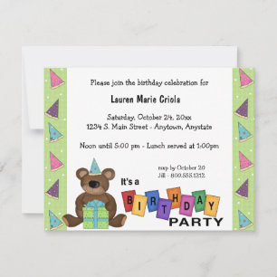 Invitación a la fiesta de cumpleaños verde del oso