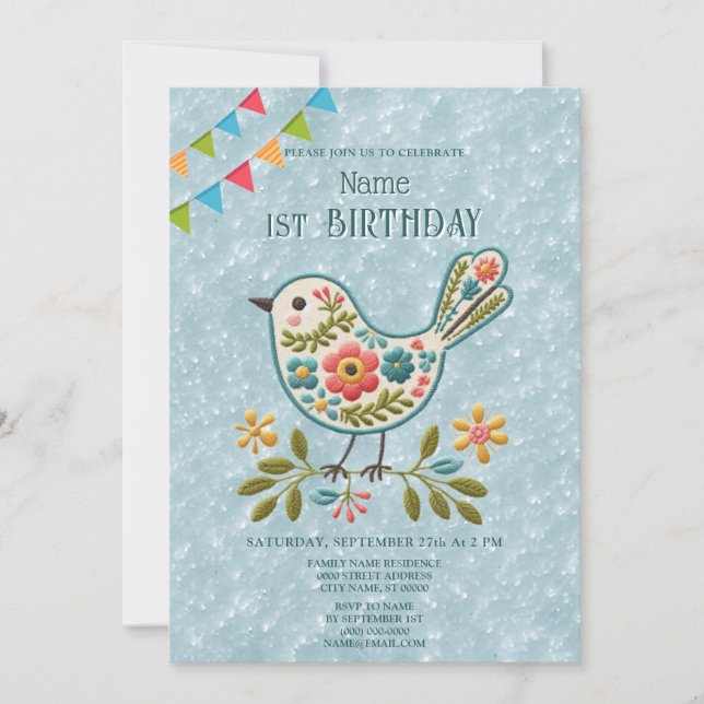 Invitación a la fiesta de cumpleaños verde floral  (Anverso)