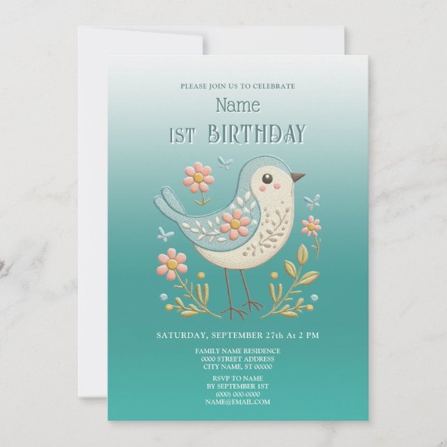 Invitación a la fiesta de cumpleaños verde floral  (Anverso)