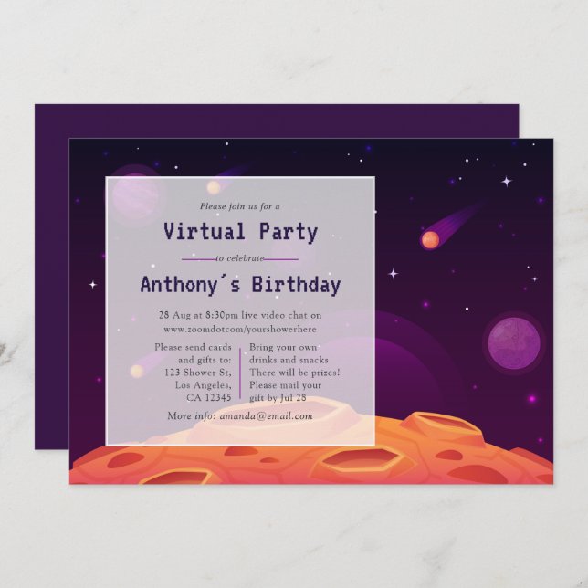 Invitación a la fiesta de cumpleaños virtual espac (Anverso / Reverso)
