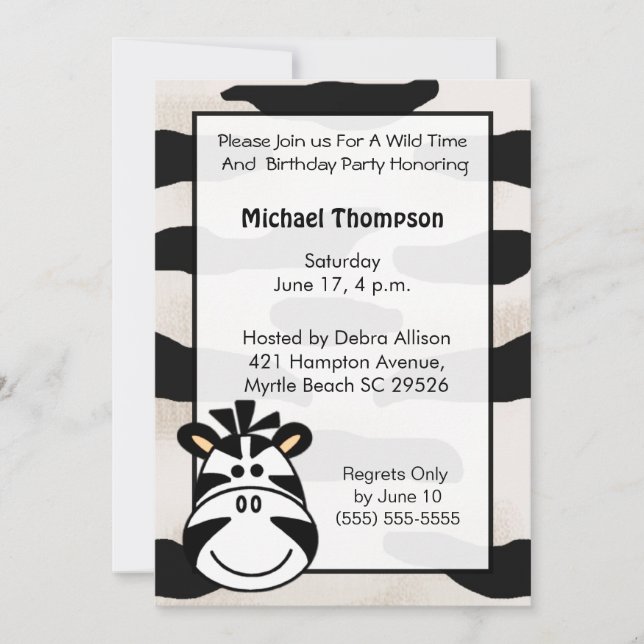 Invitación a la fiesta de cumpleaños Zebra para ni (Anverso)