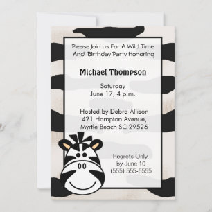 Invitación a la fiesta de cumpleaños Zebra para ni