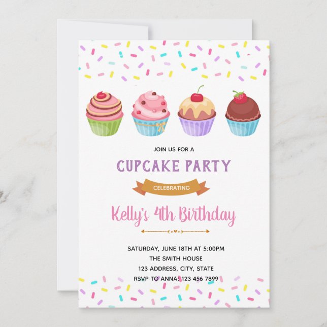invitación a la fiesta de cupcakes con sprinkles (Anverso)