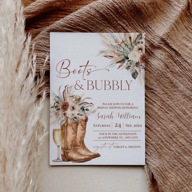 Invitación a la Fiesta de Despedida de Soltera "Bo (Boots and Bubbly Bridal Shower Invitation | Rustic Western Boho Terracotta Invite)
