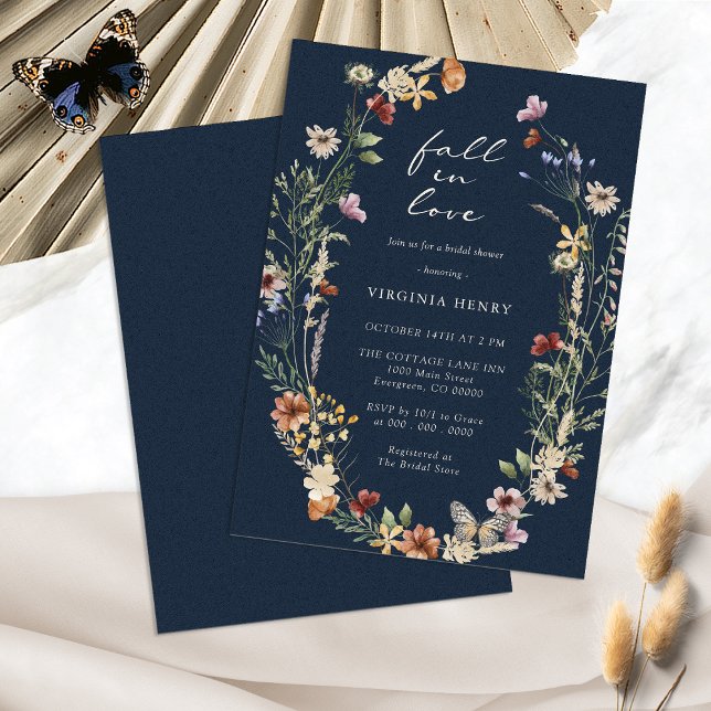 Invitación a la fiesta de despedida de soltera Nav (Navy Blue Fall In Love Bridal Shower Invitation by Painted Paperie
)
