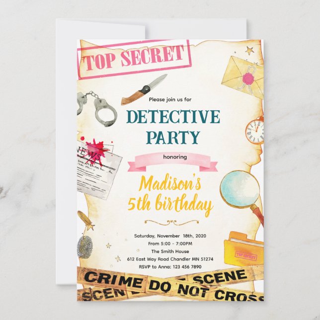 invitación a la fiesta de detective chica (Anverso)