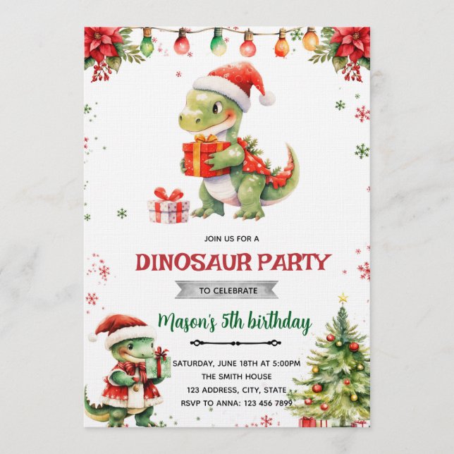 invitación a la fiesta de dinosaurios de Navidad (Anverso)