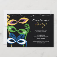Invitación a la fiesta de disfraces con máscaras e
