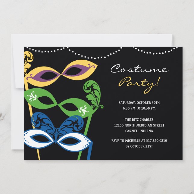 Invitación a la fiesta de disfraces con máscaras e (Anverso)