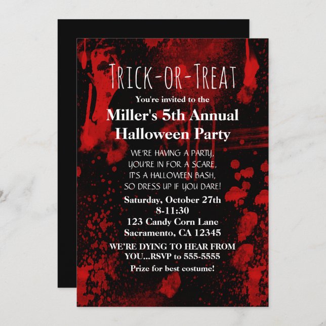 Invitación a la fiesta de disfraces con salpicadur (Anverso / Reverso)