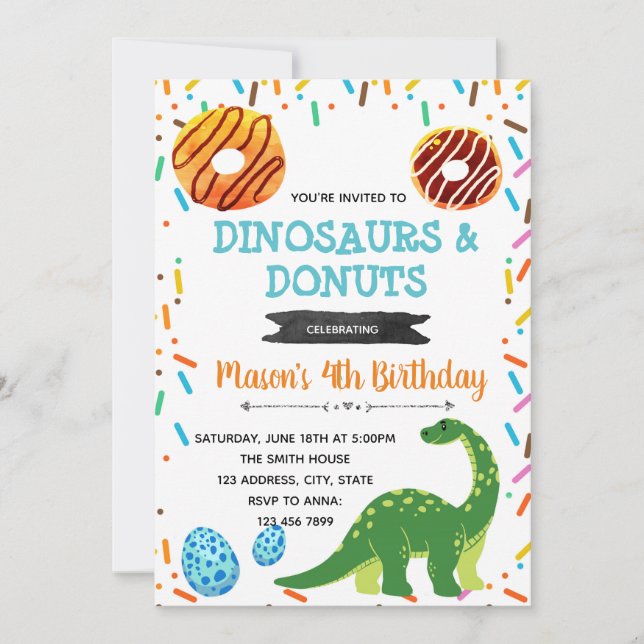 Invitación a la fiesta de Donut dinosaur (Anverso)