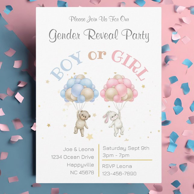 Invitación a la fiesta de examen de género para os (Bear, bunny and balloons pink and blue gender reveal party invitation)