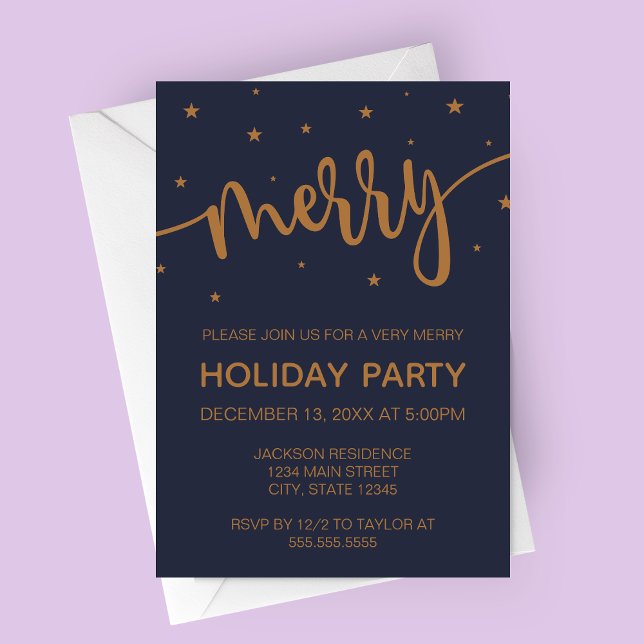 Invitación a la fiesta de feriado de ferias de med (Midnight Merry Holiday Party Invitation | Merry Script Christmas Party Invitation)